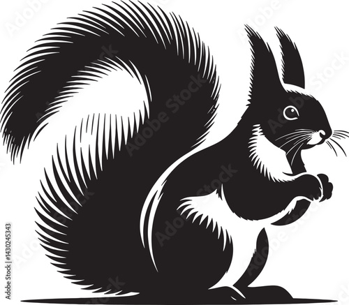 A black and white graphic illustration of a squirrel with a bushy tail holding its paws up