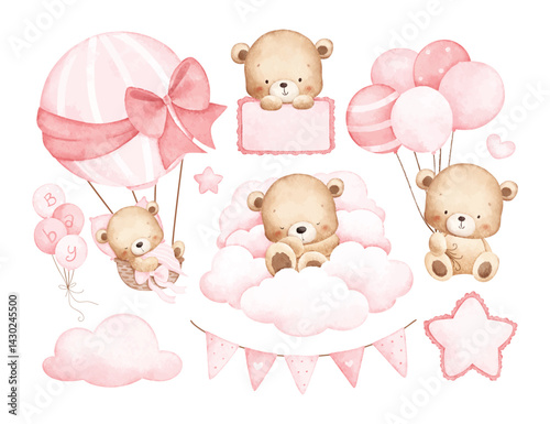 Watercolor Illustration Set of Baby Teddy Bear and Balloons with Nursery Elements
