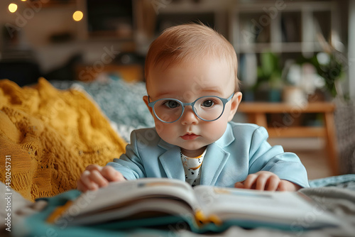 Adorable baby in a blue suit and glasses reading a book with a focused expression pillows and lights around