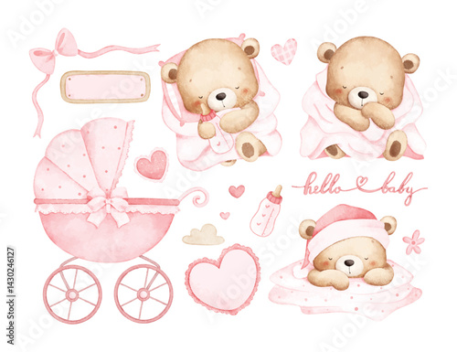 Watercolor Illustration Set of Sleepy Baby Teddy Bear and Nursery Elements