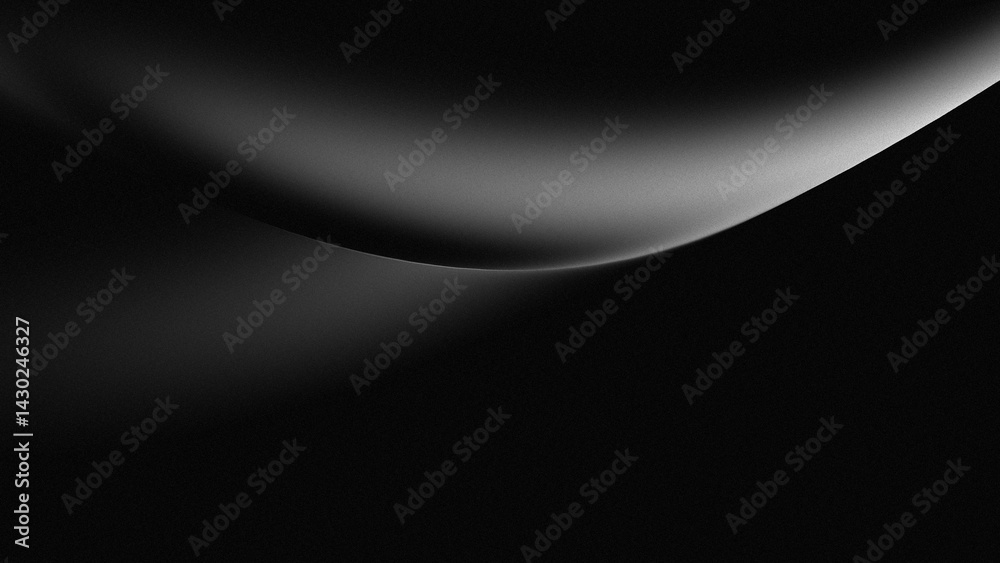 Monochrome abstract metallic black background with noise and soft light touch curved lines