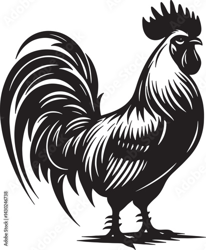 A detailed black and white silhouette illustration of a rooster standing sideways profile view