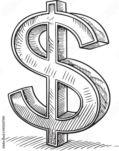 Money Dollar Currency Black and White Vector Illustration, Sketch Drawing Line Linear Symbol Icon Engraving, Hand-drawn Isolated