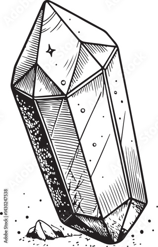 Quartz point healing crystal, Black and White Vector Illustration, Sketch Drawing Line Linear Symbol Icon Engraving, Hand-drawn Isolated