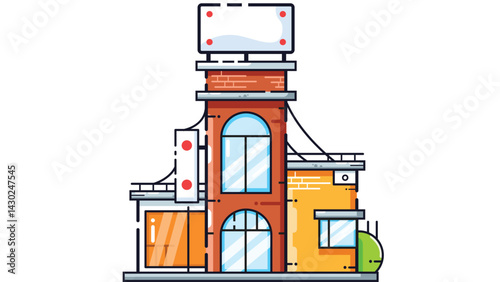 A small industrial building featuring a prominent billboard attached to its exterior