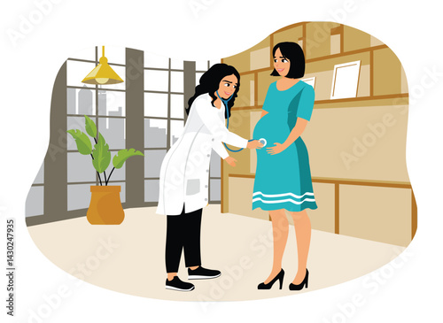 An obstetrician examines a pregnant woman at the clinic.