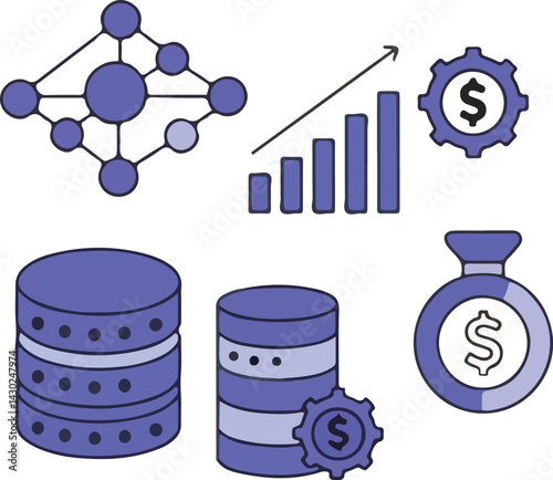 A set of vector icons representing concepts related to data monetization, business growth, data management, and financial gain.
