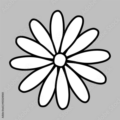 Head of  flower,  flowering plant,  part of  flower,  core with petals. In black and white. Decoration for postcards, posters, business cards, invitations. One icon isolated on  gray background.