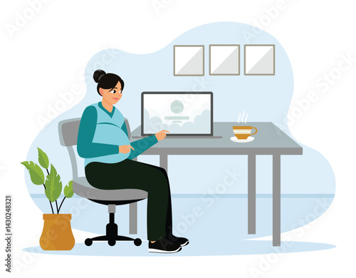 Pregnant woman working on laptop at home.