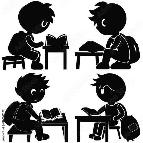 Silhouette Illustration of Children Studying at Desks