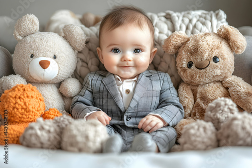 Cute baby smiles surrounded by plush teddy bears on fluffy white blanket wearing a gray suit and white shirt