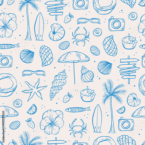 Sea life doodle hand drawn seamless pattern. Surf seamless pattern
