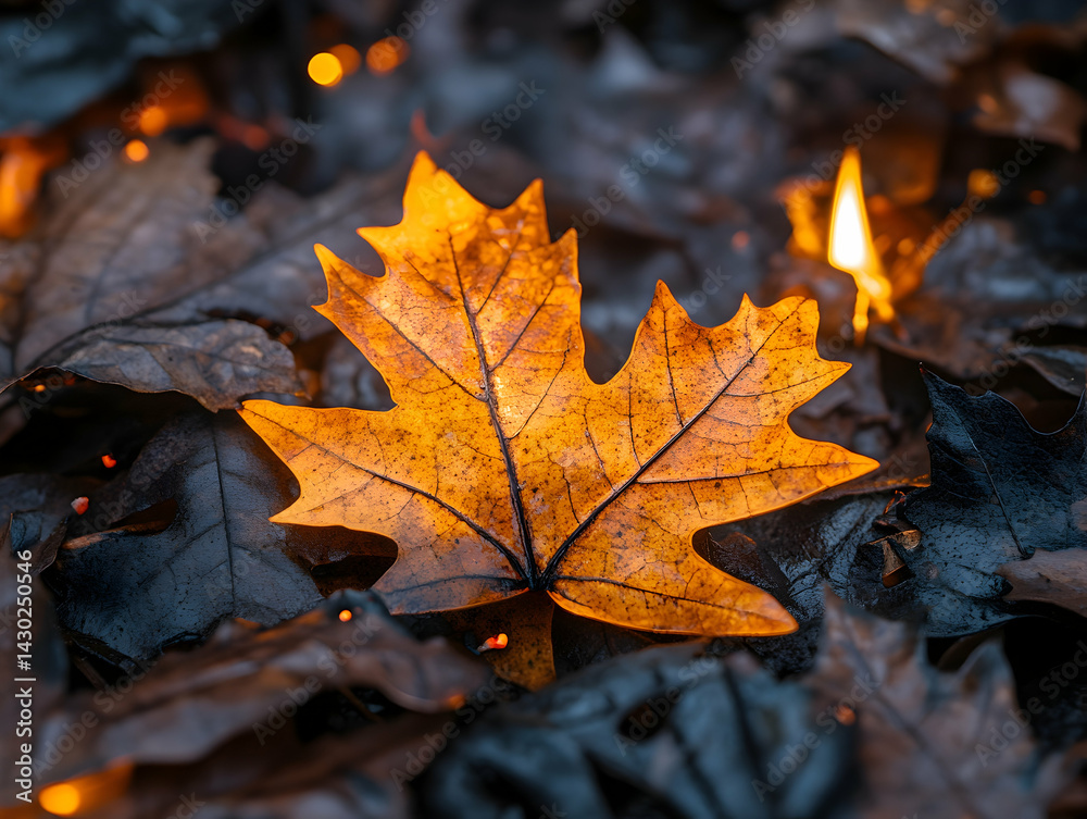 Orange leaf on fallen leaves dark and moody with glowing orbs in the background Orange leaf on fallen leaves dark and moody with glowing orbs in the background