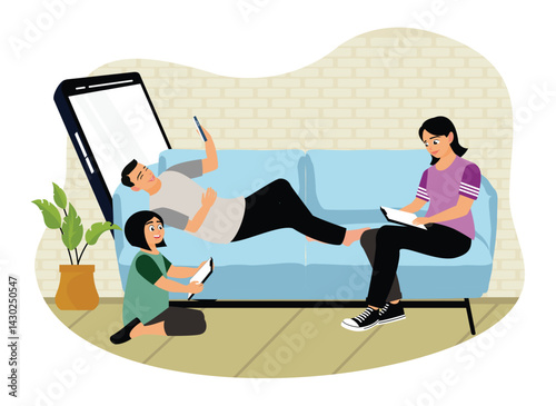 Family relaxing together on the couch using digital devices.