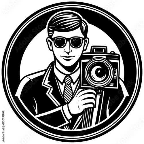 Photographer in sunglasses holding a camera in a circular frame  