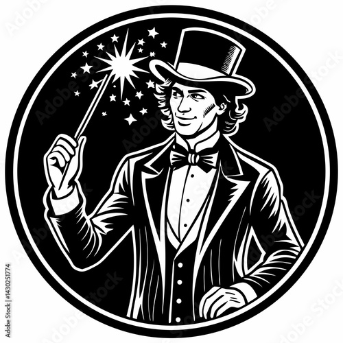 Magician performing magic with a wand against a starry background  