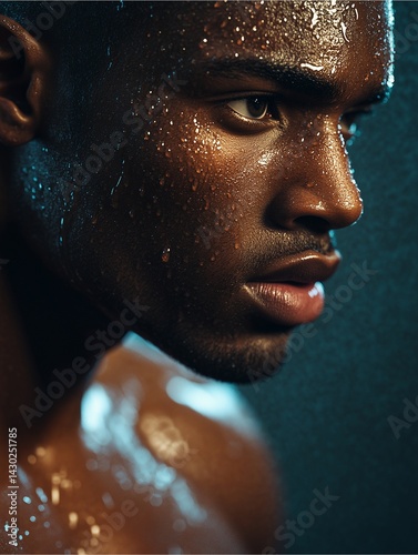 Sweaty athlete catching breath after workout, detailed pores, realistic