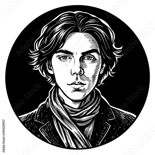 Artistic Portrait of Young Man in Round Frame  