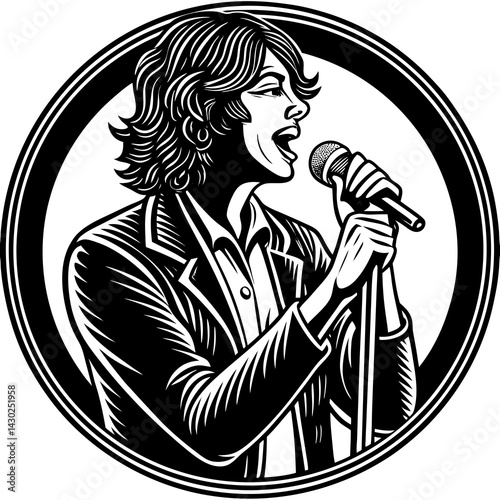 Singer Performing with Microphone in Round Frame  