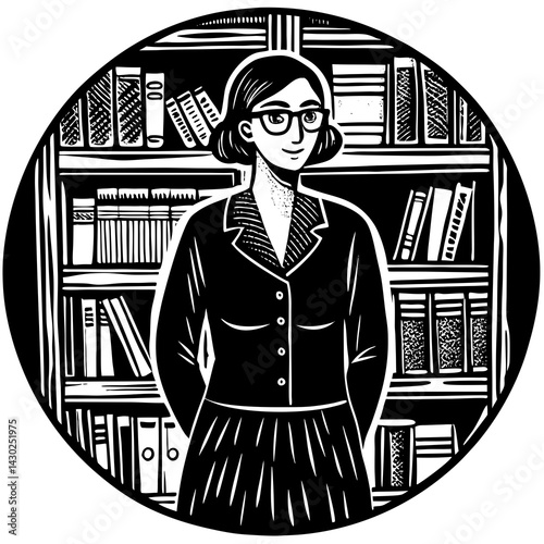 Librarian standing confidently in front of bookshelves  