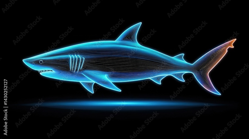 Obraz premium A futuristic, neon-lit illustration of a shark swimming against a dark background, showcasing vibrant colors and a digital aesthetic.