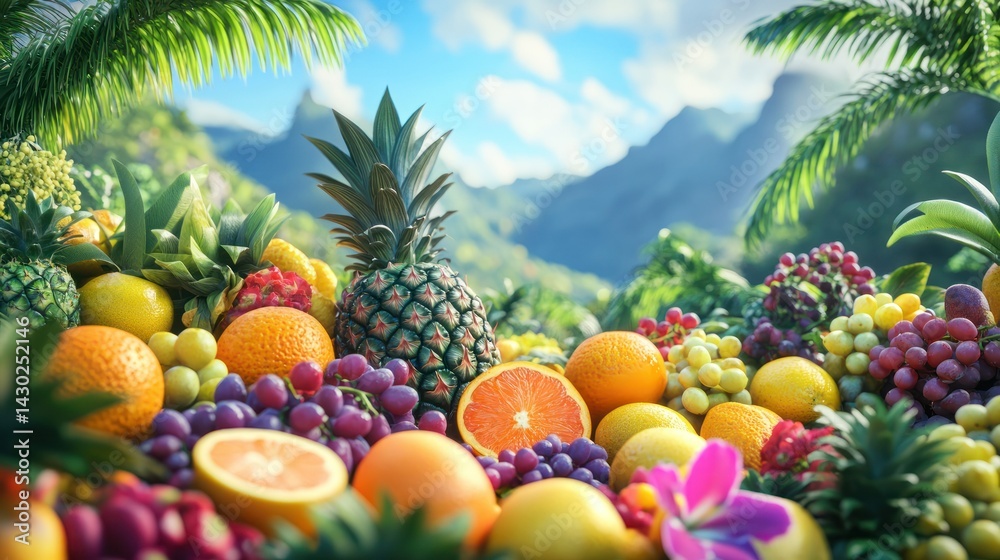 A vibrant assortment of tropical fruits in a lush, natural setting. A vibrant assortment of tropical fruits in a lush, natural setting.