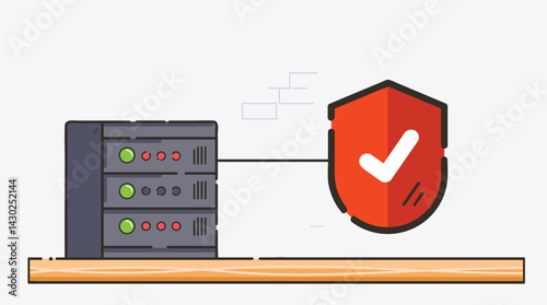 A server with a red shield symbolizing security and protection, isolated on a solid background, representing the concept of safeguarding data and information