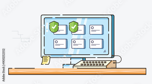 Illustration of a computer monitor displaying a security interface with green shield checkmarks and card icons on a blue screen. The monitor sits on a wooden desk with a keyboard and sticky note.