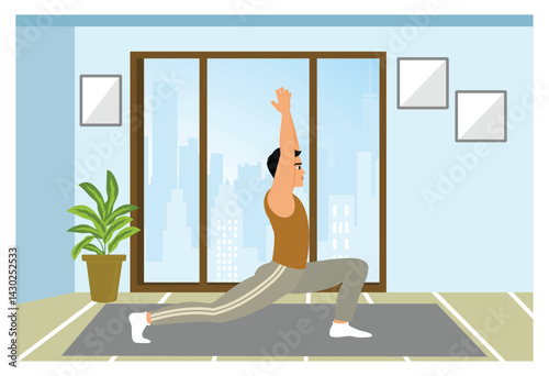 Man practicing yoga at home in the morning.