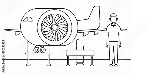 Aerospace engineer working alongside an aircraft engine in a detailed illustration