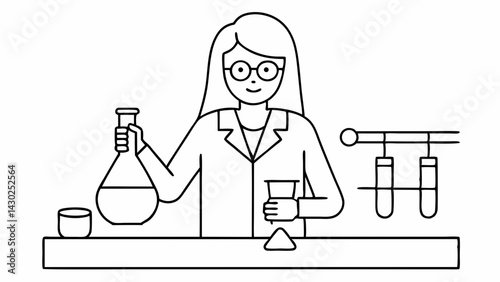 Chemist conducting experiments in a laboratory with equipment and test tubes in a modern illustration
