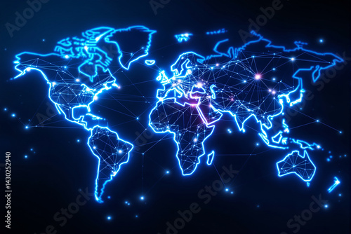 Glowing digital world map with lighted connection points and lines, futuristic style, shown on a deep blue background. Concept of global network. Ai generative