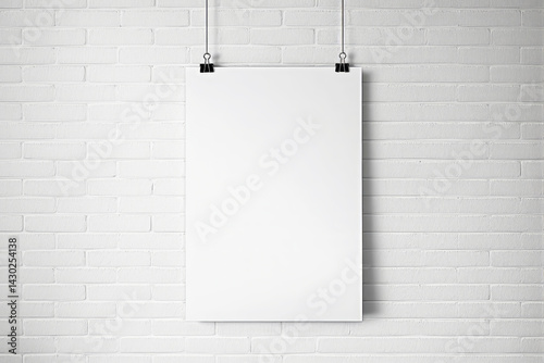 Blank white poster hanging with clips on a white brick wall background, minimal style with soft light, concept of design presentation. Ai generative photo