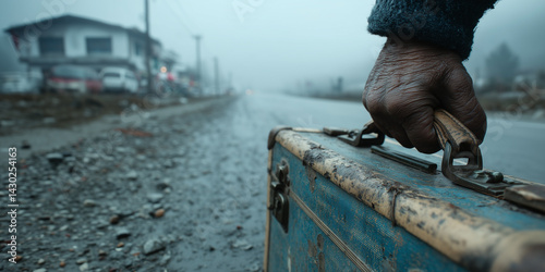 A close-up of an elderly hand grasping a worn suitcase beside a foggy road, evoking themes of journey, exile, or return.