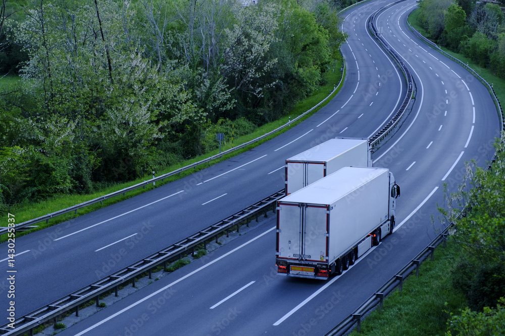 Transport trucks travel the highway at high speed, bringing goods to their destination quickly on the AP-8 in the Basque Country.