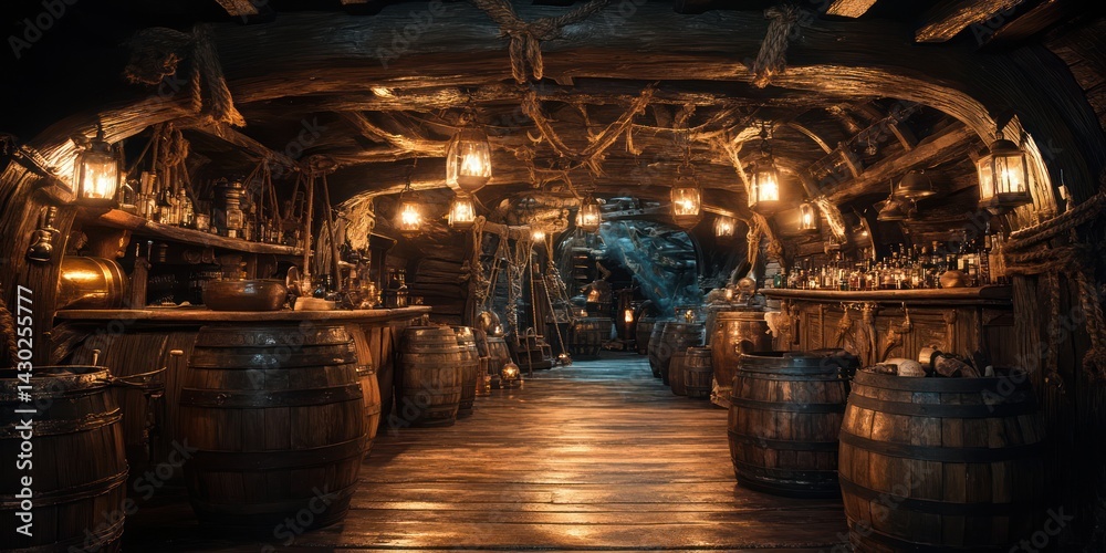 Obraz premium Mysterious Pirate Ship Tavern: A dimly lit, atmospheric interior of an old pirate ship's tavern, featuring wooden barrels, antique bottles, and hanging lanterns.