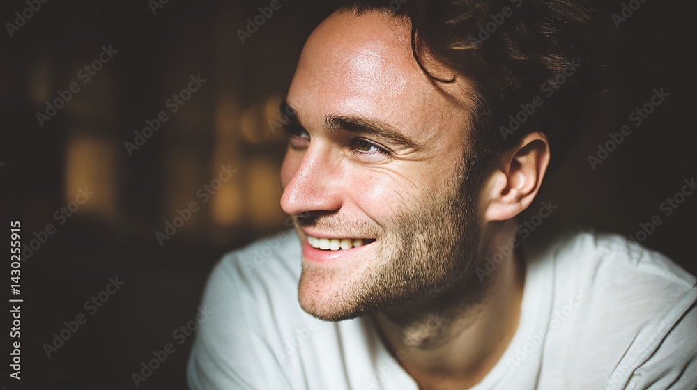 Obraz premium Happy Caucasian Man in Casual Attire at Home, Upper Body Shot with Natural Side Lighting, Blurred Cozy Interior Background, Showcasing Relaxation and Approachability for Family and Lifestyle Themes