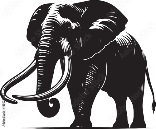 A stylized black and white illustration of a majestic elephant with prominent tusks and large ears