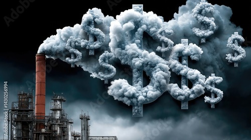 A factory emits dark smoke shaped like dollar signs, symbolizing the connection between industry and financial gain, set against a dramatic sky backdrop.