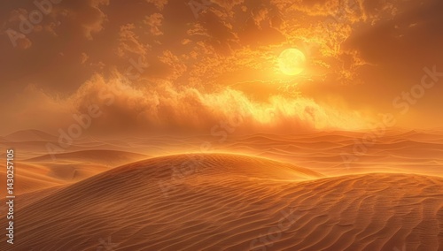 A vast desert landscape with rolling dunes under the golden sun, sand blowing in the wind, creating an ethereal and dreamy atmosphere. 