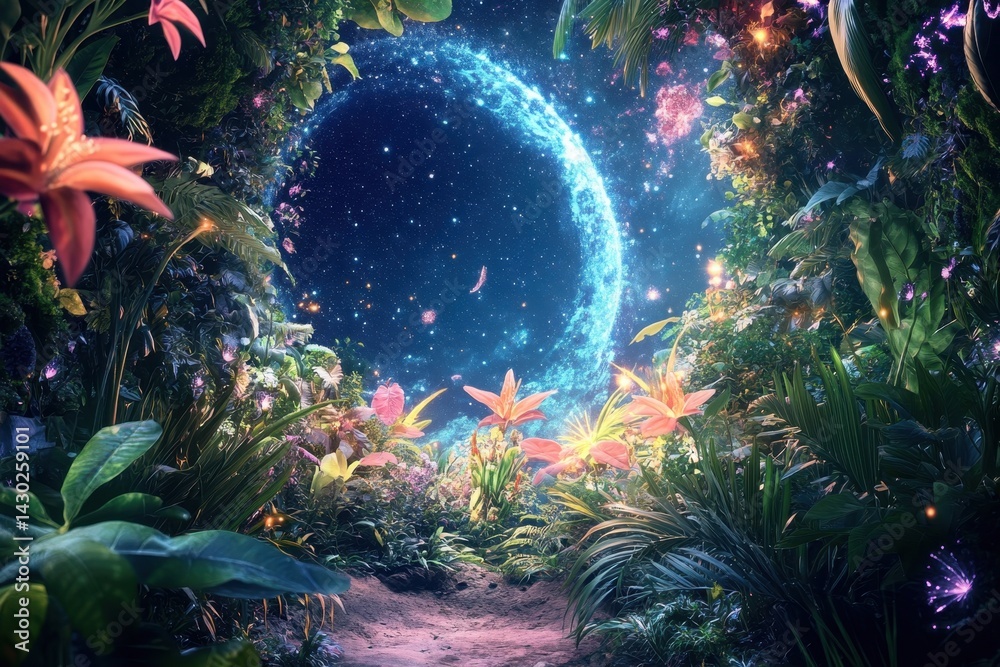 Fototapeta premium Vivid enchanted forest with glowing flora and starry night sky in magical landscape