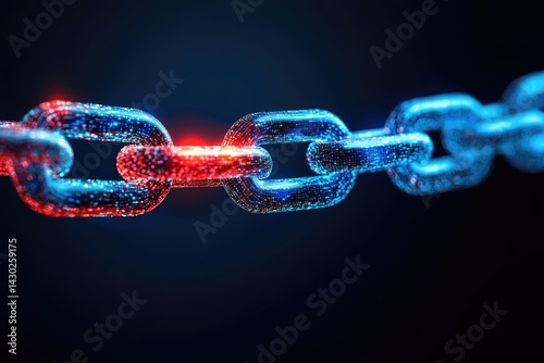 Broken chain link.  A chain link is broken, with a bright red/blue light emanating from the damaged segment