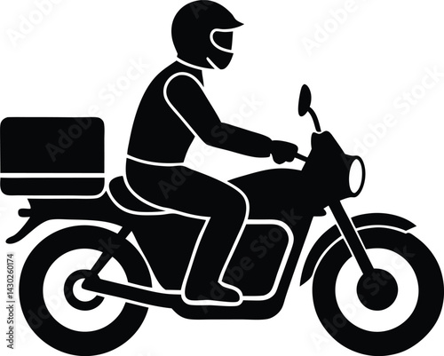 Black Silhouette of Rider on Motorcycle with Box on Transparent Background