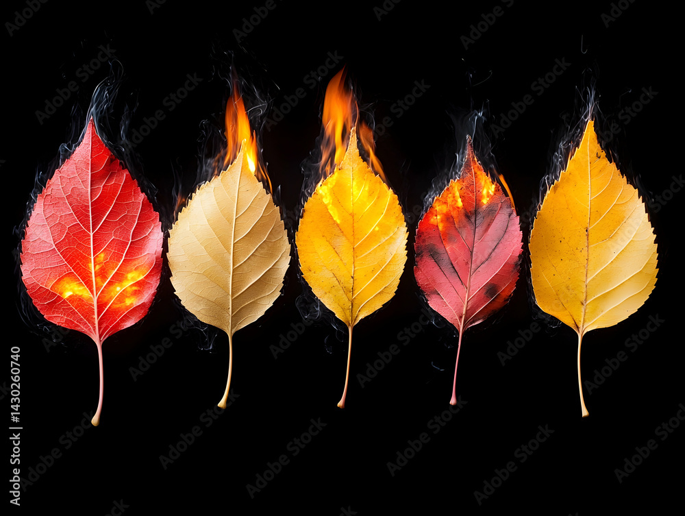 Fototapeta premium Autumn leaves ablaze vivid hues against darkness creating a surreal fiery display of seasonal change
