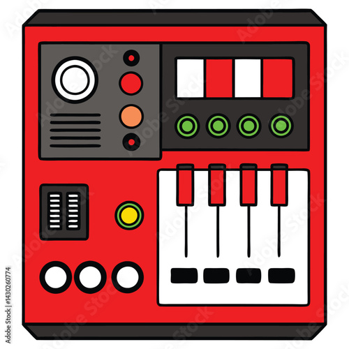 Cartoon Sound Mixer Featuring Buttons, and Sliders in Red, White, Grey, and Black