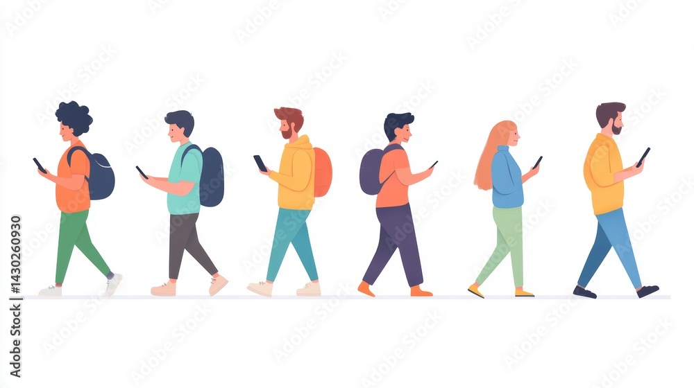 Diverse group of young adults walking while using smartphones. Diverse group of young adults walking while using smartphones.