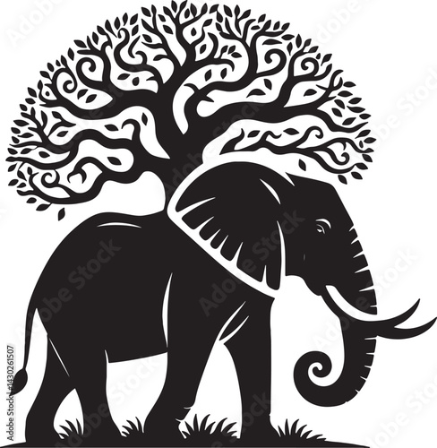 A stylized black and white illustration of a majestic elephant with prominent tusks and large ears
