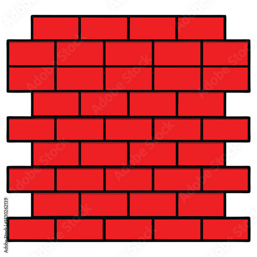 Red Brick Wall with Black Outline, Stacked Rectangles on Transparent Background