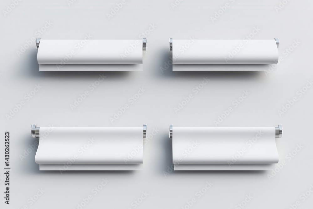 Four paper rolls are mounted on a white wall with metal fixtures, creating a minimalist and clean aesthetic, ideal for modern spaces. Four paper rolls are mounted on a white wall with metal fixtures, creating a minimalist and clean aesthetic, ideal for modern spaces.