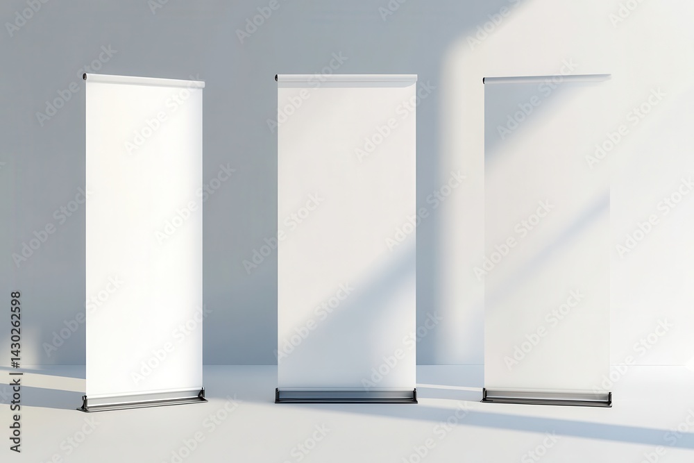 Three blank rollup posters stand in a brightly lit room, ready for customization. Sunlight casts shadows, creating a modern minimalist scene. Three blank rollup posters stand in a brightly lit room, ready for customization. Sunlight casts shadows, creating a modern minimalist scene.